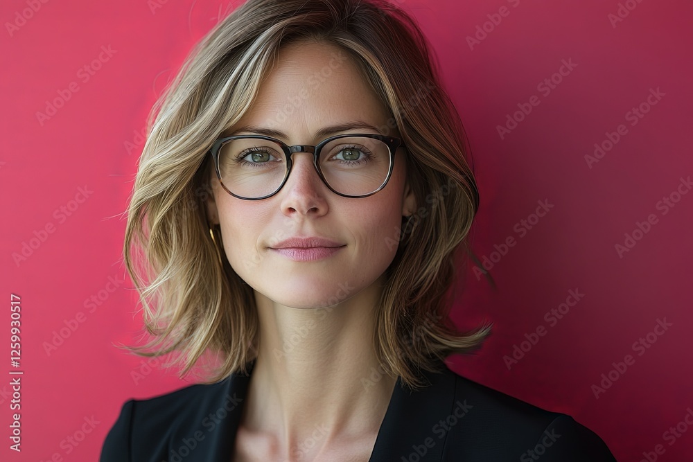 Young woman with glasses poses confidently in front of a vibrant red background during a sunny daytime setting Young woman with glasses poses confidently in front of a vibrant red background during a sunny daytime setting