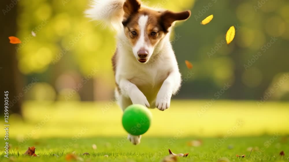 Enthusiastic dog jumping for a green ball in sunny park
