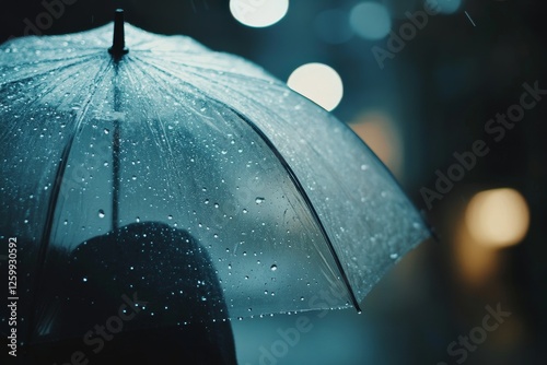 Rainy night, umbrella, city street, blurred bokeh background photo