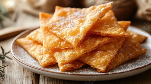 Close-up of delicious mandazi dessert on a white plate with ample copy space photo