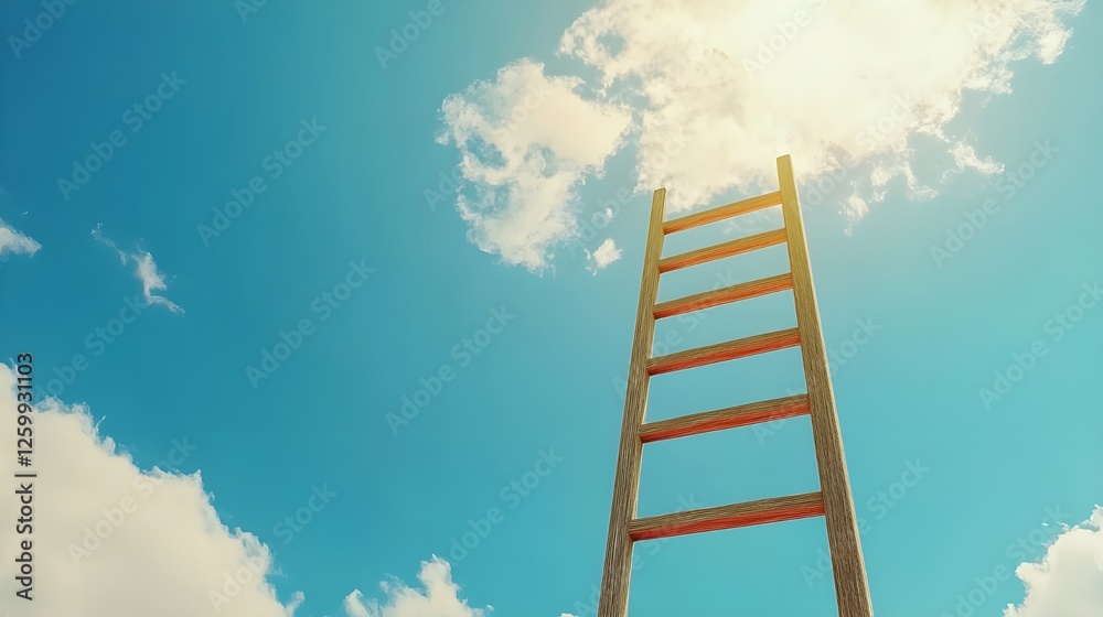 A wooden ladder ascends towards a bright sun partially obscured by clouds in a clear blue sky. A wooden ladder ascends towards a bright sun partially obscured by clouds in a clear blue sky.