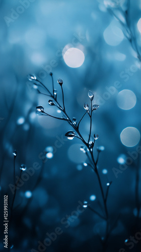 Delicate plant with water droplets in soft blue bokeh light, phone wallpaper