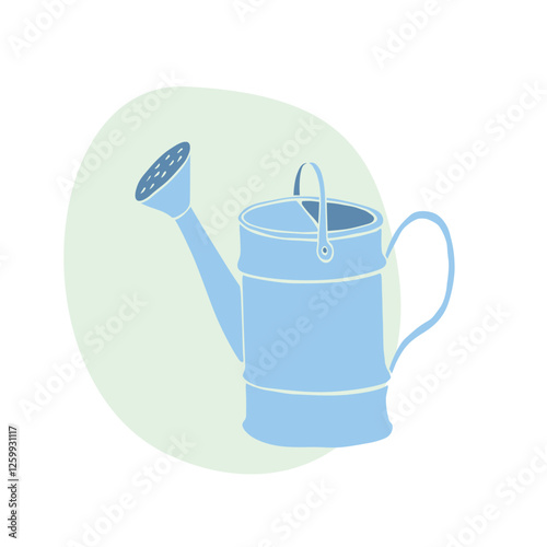 Cute blue watering can in flat style isolated. Gardening equipment. Vector color illustration, clip art. Tool for working on farm, in dacha, country