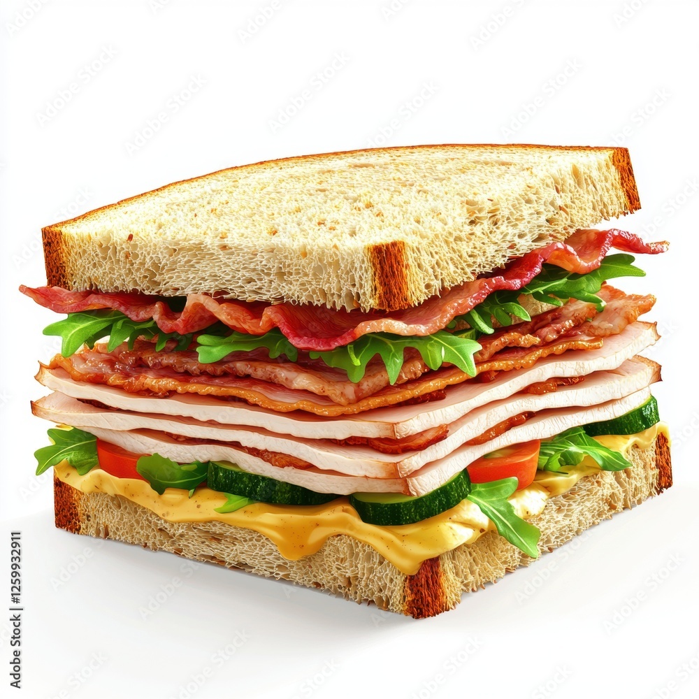Obraz premium Club Sandwich with layers of turkey, bacon, and fresh veggies, isolated on white