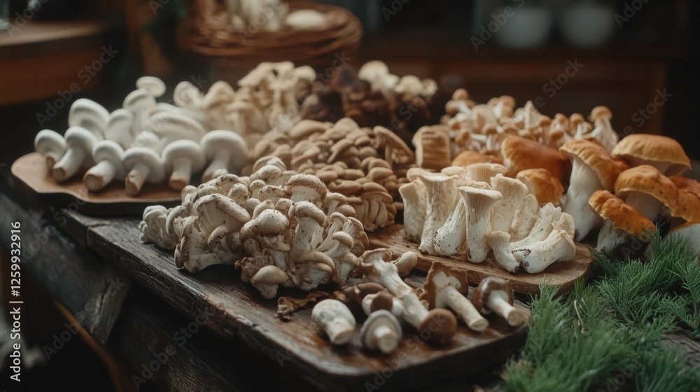 Obraz premium Freshly Gathered Assorted Mushrooms Displayed on Rustic Wooden Table