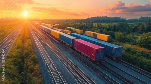 Freight Train Sunset: A long freight train carrying colorful cargo containers rumbles along railroad tracks towards a stunning sunset horizon.