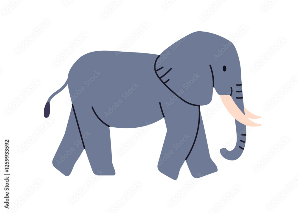 Obraz premium Baby elephant calf walking in profile. Cute adorable wild mammal, African jungle animal with trunk, large ears and tusks, going, side view. Kids flat vector illustration isolated on white background