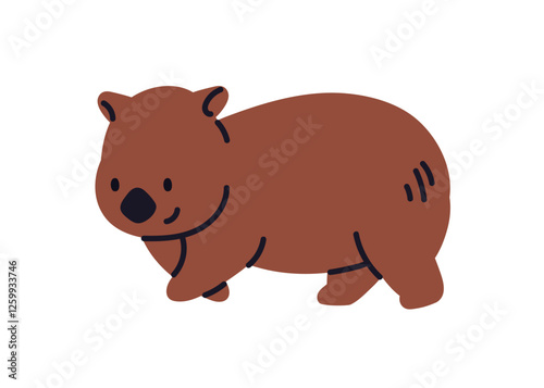 Cute baby wombat walking. Adorable Australian wild mammal. Funny little small short animal, fauna. Happy exotic tropical character from Australia. Flat vector illustration isolated on white background