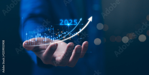 Obraz na płótnie 2024 to 2025 business growth strategic investment capital, goal of success, stock market. Company comprehensive plan budget, trend for year. Analyzing financial data and market trends from 2025. w salonie
