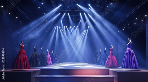 A fashion event podium with designer dresses on mannequins, spotlight focusing on the runway