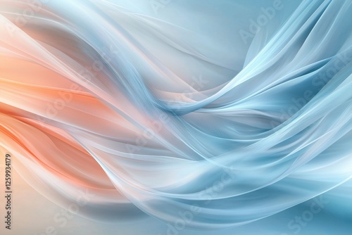 Flowing waves of silk in shades of orange and blue gracefully intertwine across a serene digital canvas. Generative AI