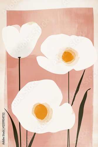 Three white flowers with yellow centers stand against a soft pink background, painted in a modern abstract style