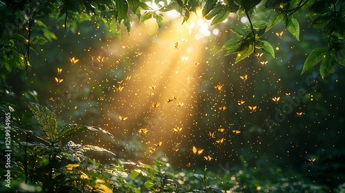 Sunlit forest, butterflies swarm, magical ambiance, nature background, ideal for fantasy or serenity themes photo