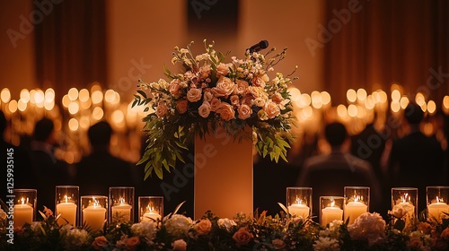 A charity gala podium with candles and floral arrangements, elegant setting, speaker addressing guests