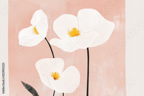 Elegant white flowers with thin stems and bright yellow centers stand against a softly brushed pink background