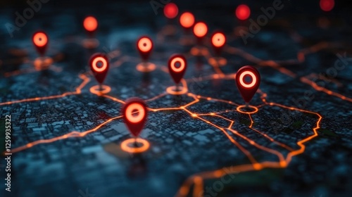 Global Network: A futuristic, stylized map of a city at night, illuminated with glowing orange lines depicting connections and multiple location markers highlighting key points.