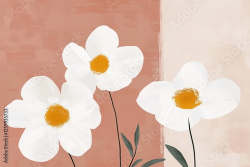 Stylized white flowers with golden centers and dark green leaves are painted over a warm earthy pink backdrop