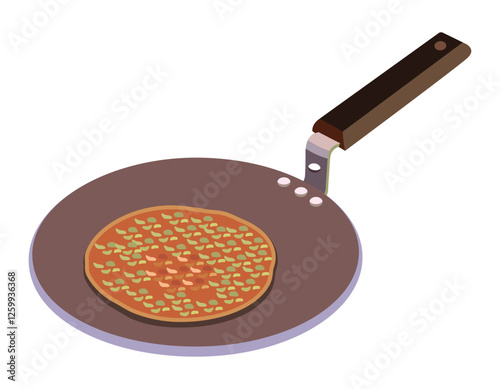 Flat pan with wooden handle cooking pancake or dosa, kitchen cookware for baking and frying
