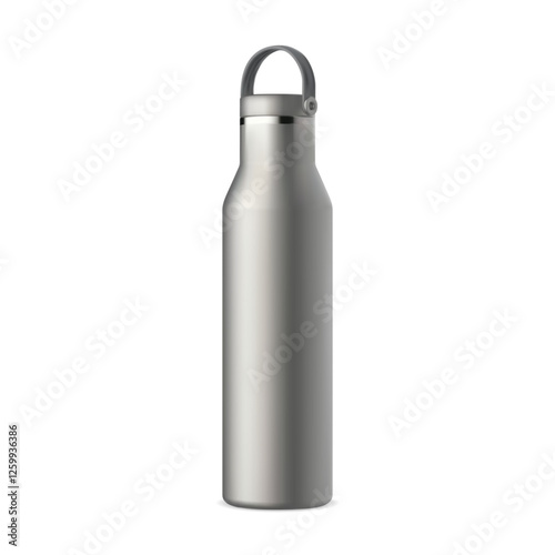 Stainless steel thermo bottle. Metal water Travel thermos mockup. thermo flask for hot tea. Realistic reusable thermal container template design. Outdoor camping vacuum can