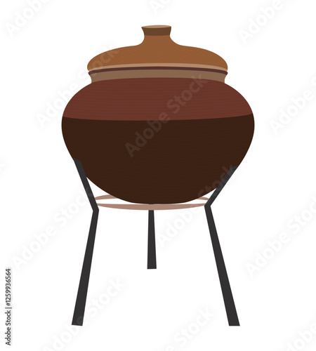 Traditional clay pot on metal stand, rustic kitchen decor, handmade earthenware cookware