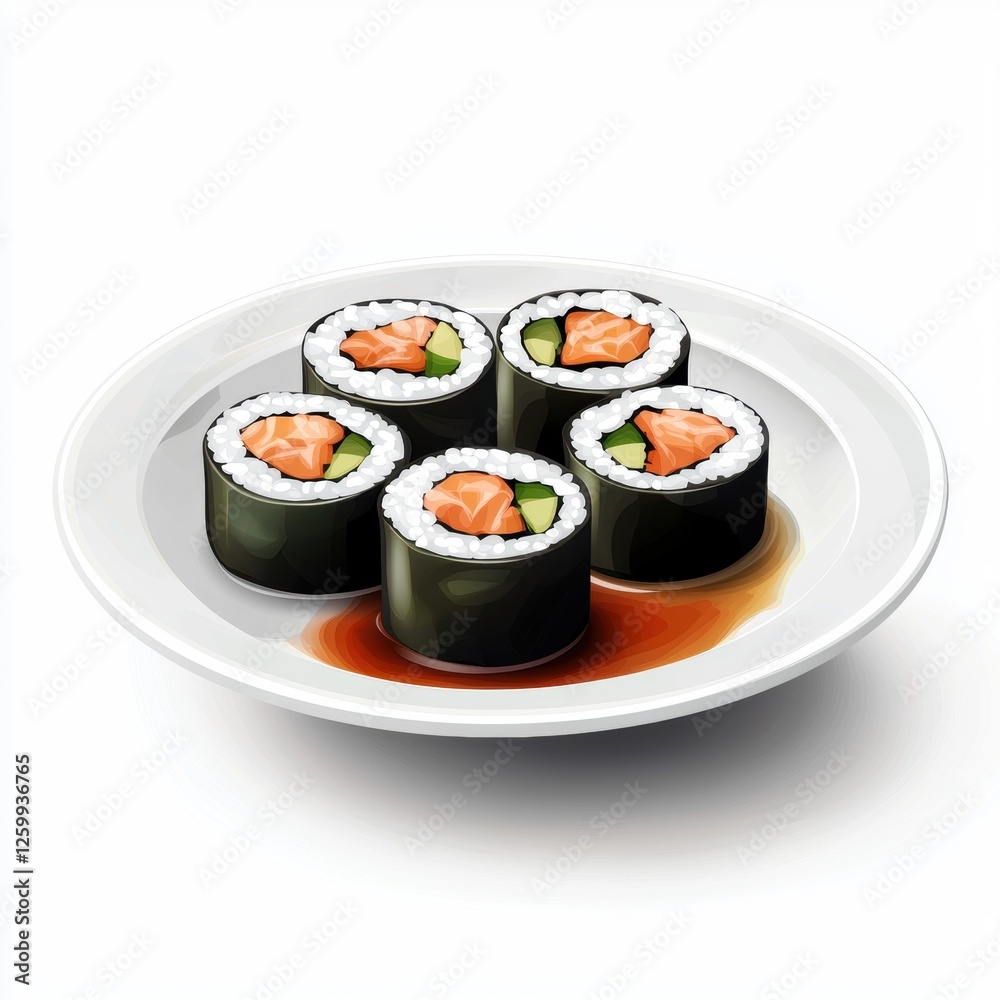 Plate of Sushi Rolls with soy sauce, isolated on white Plate of Sushi Rolls with soy sauce, isolated on white