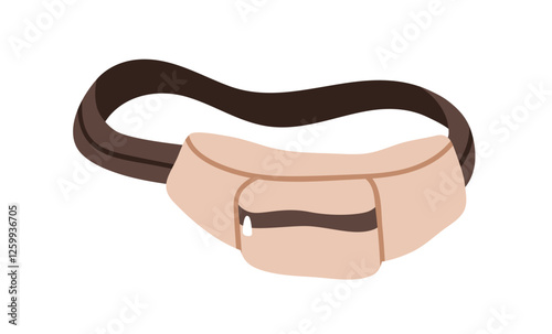 Waist bag, compact fanny pack. Hands-free hip pouch accessory. Zipper pocket on belt for travel safety, hiking, casual fashion. Flat vector illustration isolated on white background
