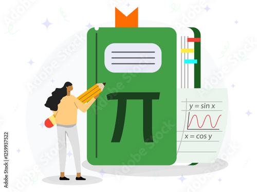 Studying of mathematics concept. A woman holding of pencil on front of big mathematics book. Maths, arithmetics, algebra, geometry, education, knowledge. 