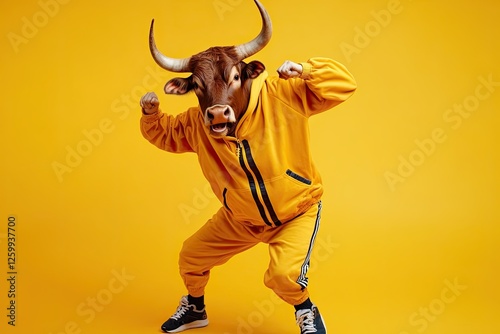 Wallpaper Mural a bull dances in a tracksuit. on an isolated color background. place for text. bright emotions. rhythmic movements Torontodigital.ca