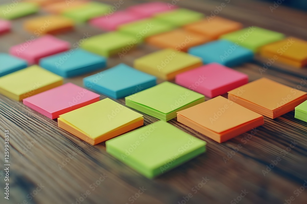 Colorful sticky notes arranged in a grid on a wooden surface. Concept Sticky Note Organization, Creative Workspace, Colorful Office Supplies, Visual Planning Tools, DIY Project Ideas Colorful sticky notes arranged in a grid on a wooden surface. Concept Sticky Note Organization, Creative Workspace, Colorful Office Supplies, Visual Planning Tools, DIY Project Ideas