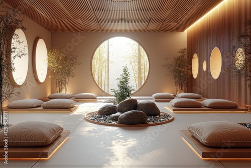Tranquil meditation retreat minimalist space indoor serenity modern design soft lighting zen concept
