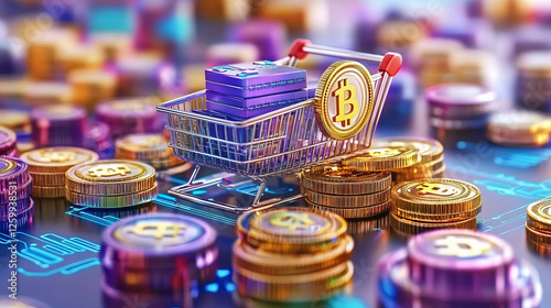 shopping cart filled with cryptocurrency coins and digital assets, symbolizing modern e commerce and digital finance. vibrant colors and futuristic design evoke sense of innovation and opportunity photo