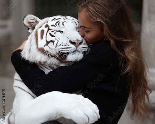 Beautiful girl hugging white tiger, friendship and love of man and animal