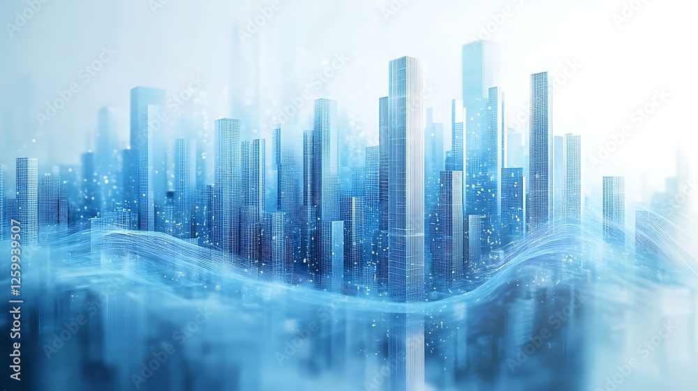 Fototapeta premium Futuristic cityscape with skyscrapers and digital graphs, symbolizing technology and finance