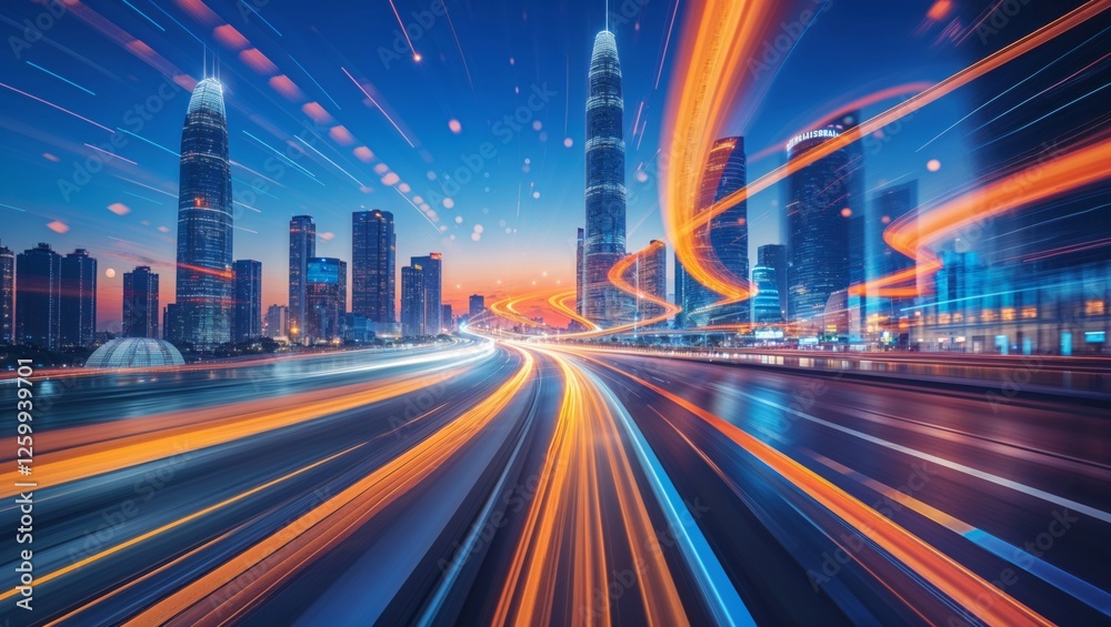 Fototapeta premium Experience the vibrant energy of a modern city at night with dynamic light trails weaving through the architecture.