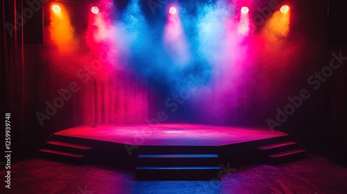 A podium set up for a local talent show, colorful lights, audience eagerly waiting for the next performance