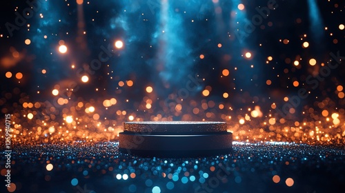 A formal awards podium with sparkling lights, audience applauding a winnerâ€™s acceptance speech