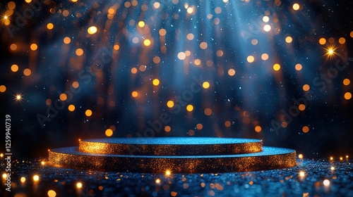 A formal awards podium with sparkling lights, audience applauding a winnerâ€™s acceptance speech
