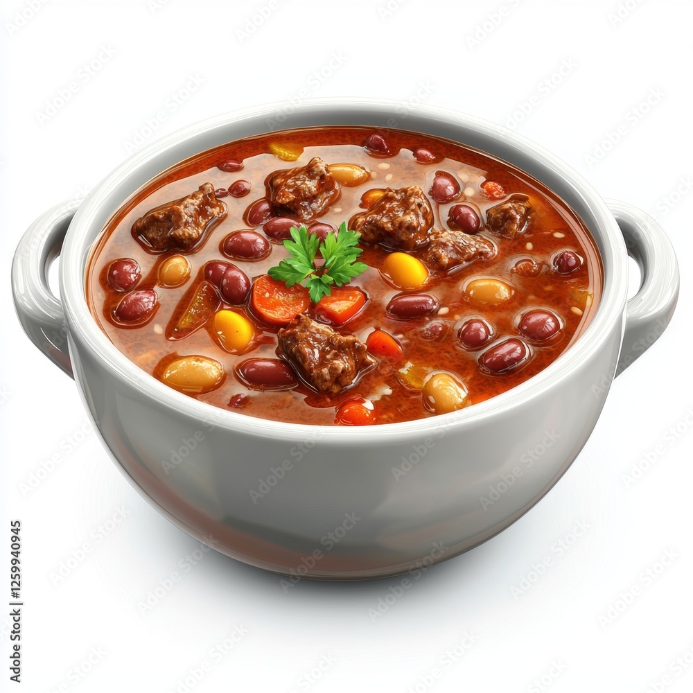 Spicy Chili Soup with beans and beef, isolated on white Spicy Chili Soup with beans and beef, isolated on white