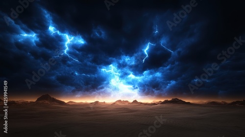 Dramatic storm clouds illuminate the landscape with electric blue lightning energy. photo