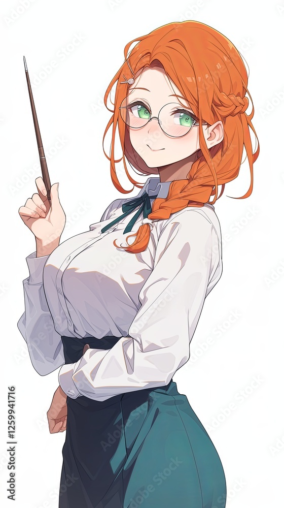 Anime-style woman with red hair in a braid, wearing glasses and a white blouse with a dark green skirt. She holds a pointer and has a confident, gentle smile Anime-style woman with red hair in a braid, wearing glasses and a white blouse with a dark green skirt. She holds a pointer and has a confident, gentle smile