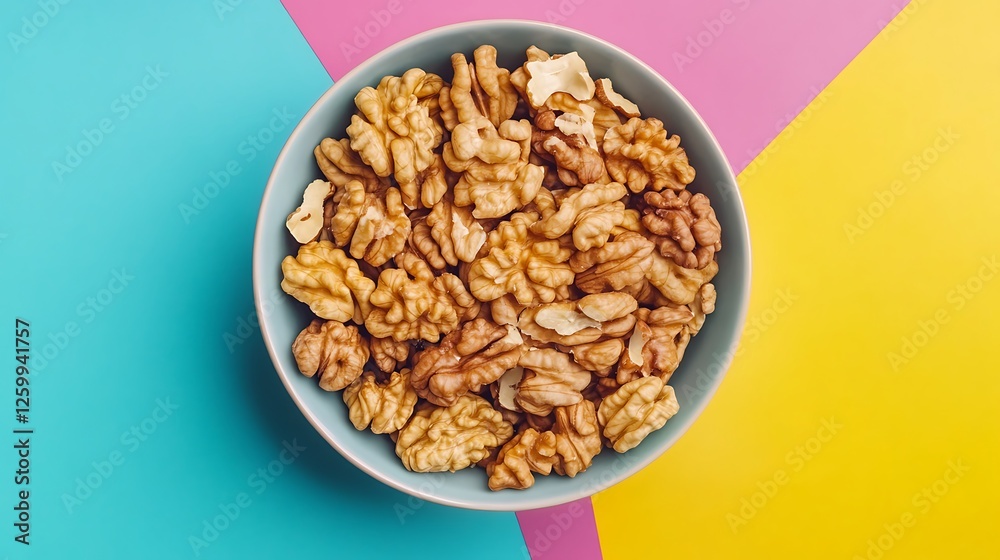 A bowl of peeled walnut kernels isolated on a colorful background A bowl of peeled walnut kernels isolated on a colorful background
