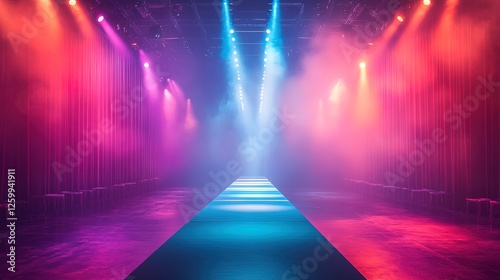 A fashion show podium with bright stage lights, models preparing to walk the runway, dramatic setup