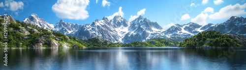 Stunning mountain range reflects on serene lake under a clear blue sky.