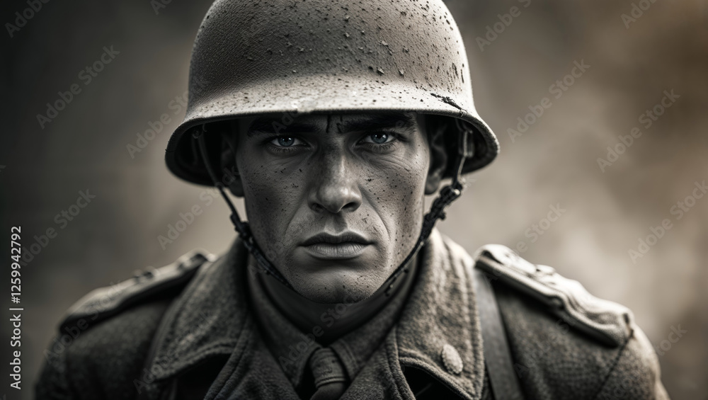 Intense monochrome portrait of a soldier in helmet, embodying the somber reality of warfare.World War II soldier Intense monochrome portrait of a soldier in helmet, embodying the somber reality of warfare.World War II soldier