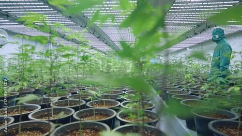 Candid through a young green planted pot, an expertise employees working in laboratory cannabis field. Scientist monitoring humidity and insects control of a young healthy plants. Alternative Medical 