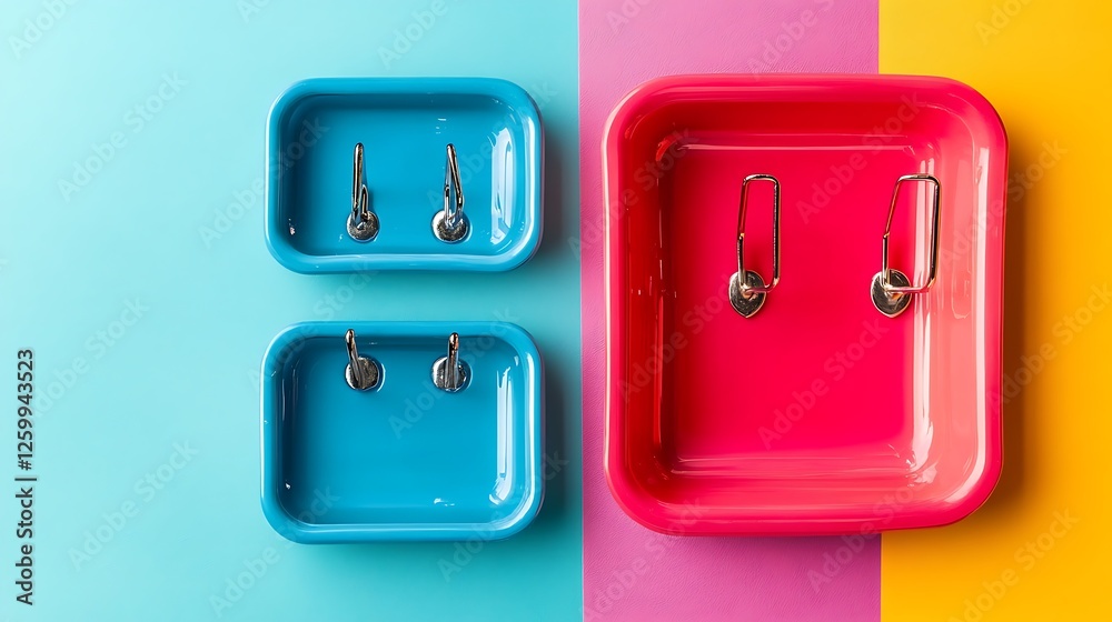 A colorful plastic soap tray with metallic hooks isolated on a colorful background A colorful plastic soap tray with metallic hooks isolated on a colorful background