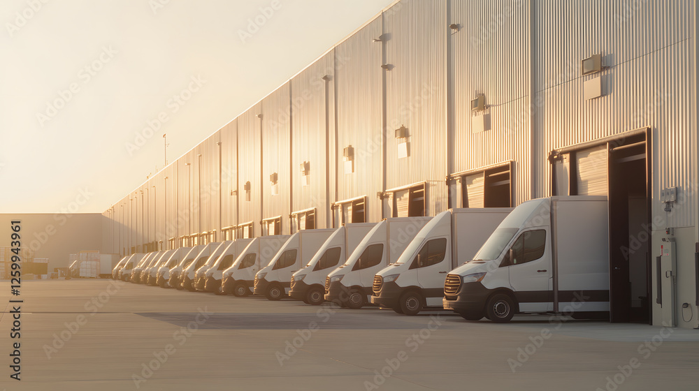 Obraz premium A row of branded delivery vans parked outside a large fulfillment center, each being loaded with freshly packed e-commerce parcels. Workers use handheld scanners to verify shipments, while digital