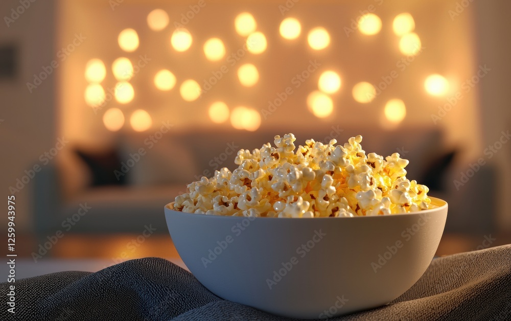 Bowl of hot buttered popcorn, placed against a softly blurred home movie night setting Bowl of hot buttered popcorn, placed against a softly blurred home movie night setting