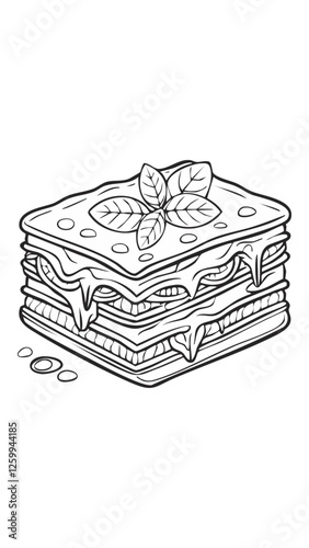 Lasagna Eatery Meal Coloring Kid Book Page in Black and White. Monochrome and Colored Samples
