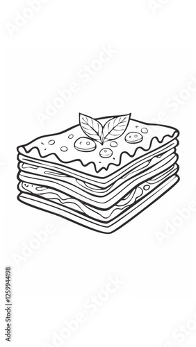 Lasagna Eatery Meal Coloring Kid Book Page in Black and White. Monochrome and Colored Samples
